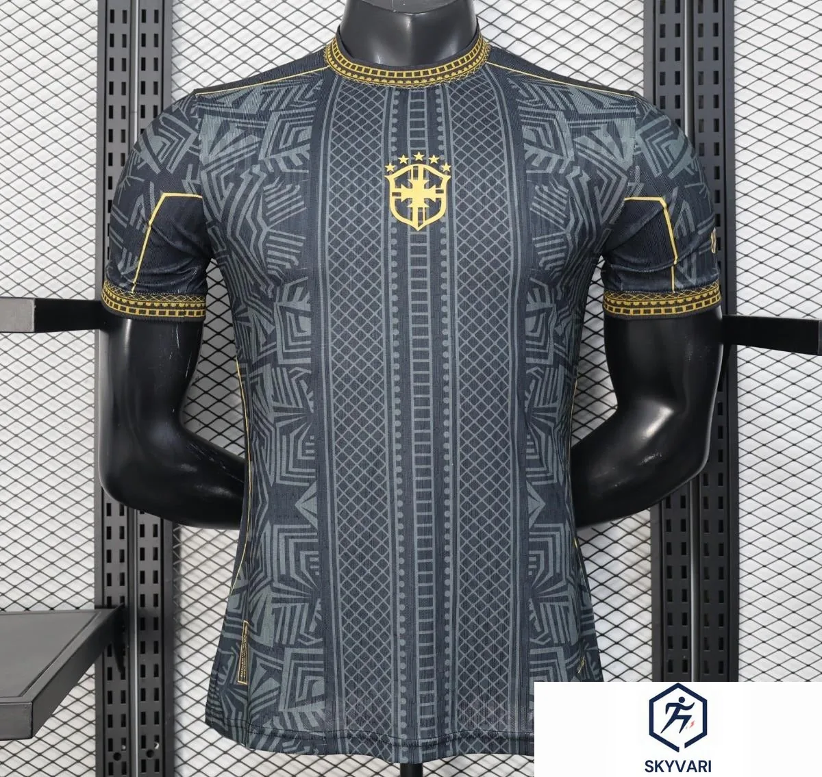 2026 Player Version Brazil Black with Gold Geometric Tribal Pattern Jersey