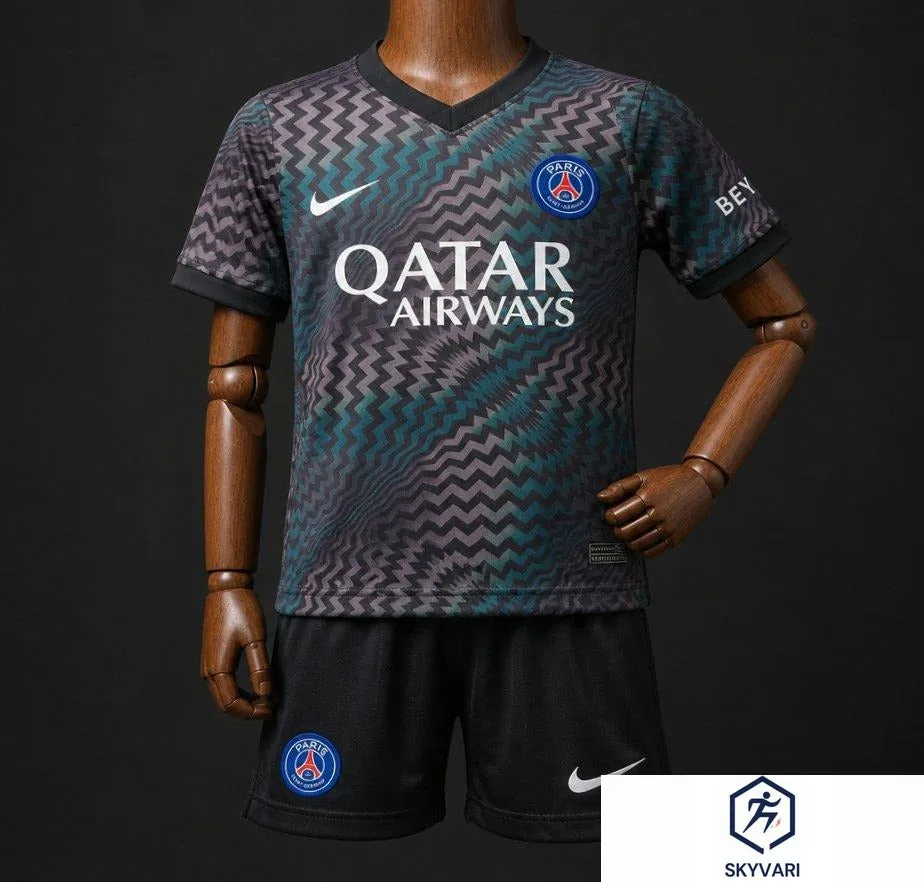 26/27 Kids PSG/Paris Saint-Germain Home Goalkeeper Black/Blue Zigzag Pattern Jersey
