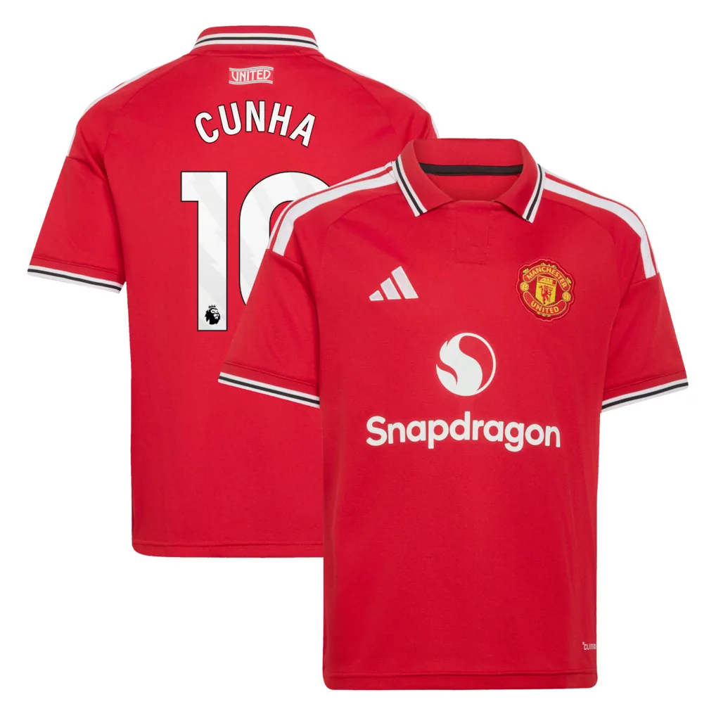 Manchester United adidas Home Shirt 2026-27 - Kids with Cunha 10 printing