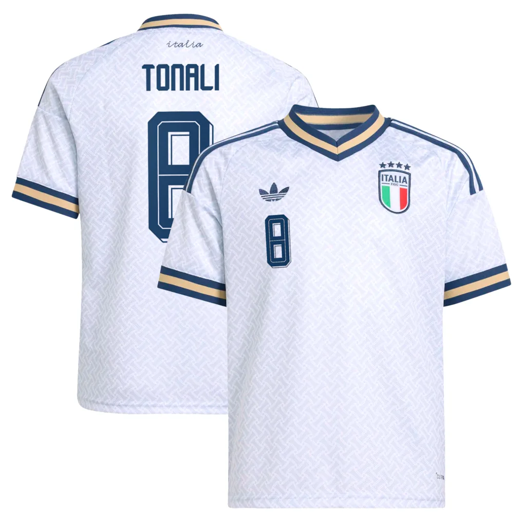 Italy Away Shirt 2026 - Kids with Tonali 8 printing soccer set, Includes jersey and shorts